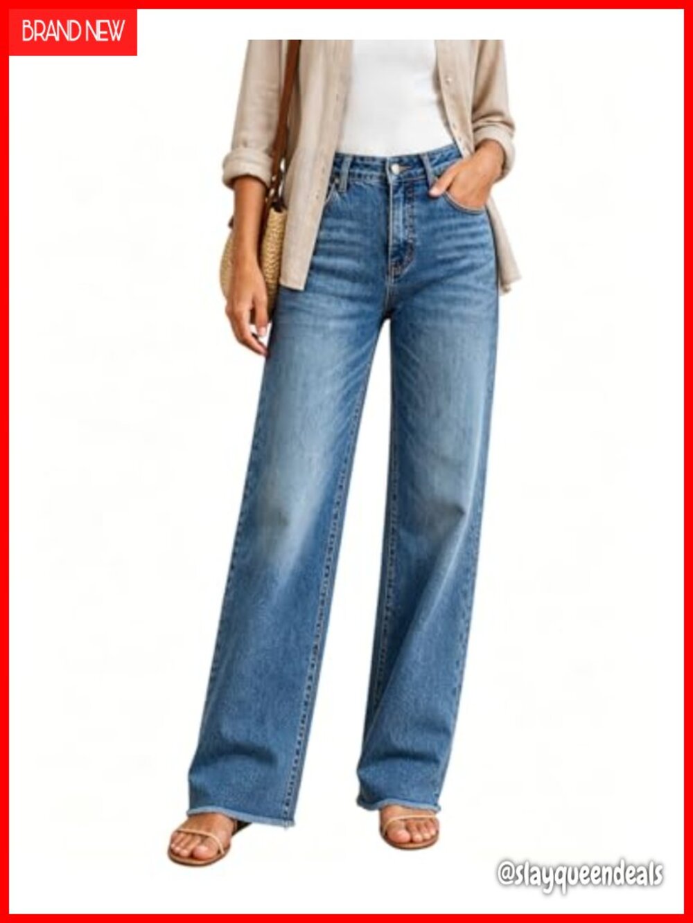 High Waisted Jeans Stretchy Straight Leg Loose Fit Tummy Control Raw Hem Denim